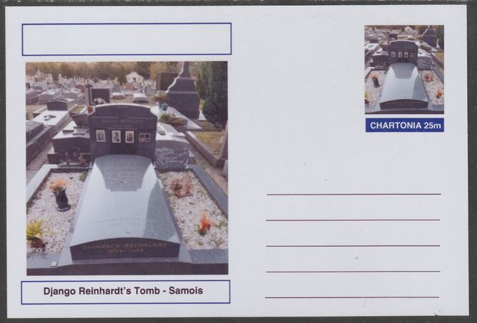 Chartonia (Fantasy) Landmarks - Django Reinhardts Tomb, Samois-sur-Seine postal stationery card unused and fine, stamps on tourism, stamps on music, stamps on jazz