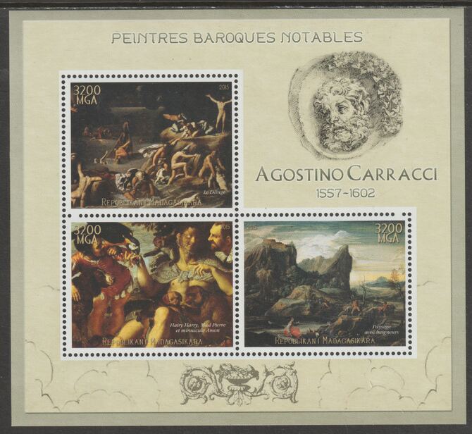 Madagascar 2015 Baraque Painters - Agostino Carracci perf sheetlet containing 3 values unmounted mint, stamps on arts, stamps on paintings, stamps on baroque, stamps on carracci