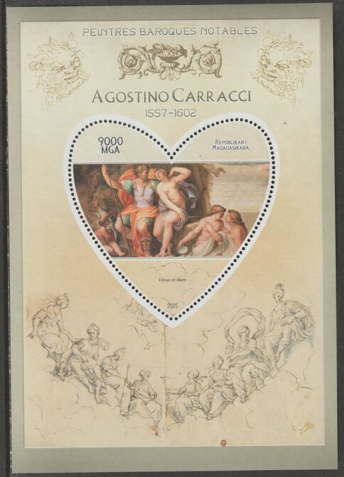Madagascar 2015 Baraque Painters - Agostino Carracci perf deluxe sheet containing one heart shaped value unmounted mint, stamps on arts, stamps on paintings, stamps on baroque, stamps on carracci, stamps on heart, stamps on shaped
