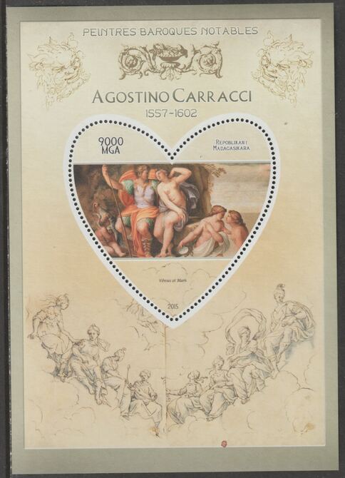 Madagascar 2015 Baraque Painters - Agostino Carracci perf deluxe sheet containing one heart shaped value unmounted mint, stamps on , stamps on  stamps on arts, stamps on  stamps on paintings, stamps on  stamps on baroque, stamps on  stamps on carracci, stamps on  stamps on heart, stamps on  stamps on shaped