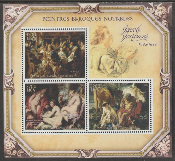 Madagascar 2015 Baraque Painters - Jacob Jordaens perf sheetlet containing 3 values unmounted mint, stamps on arts, stamps on paintings, stamps on baroque, stamps on jordaens