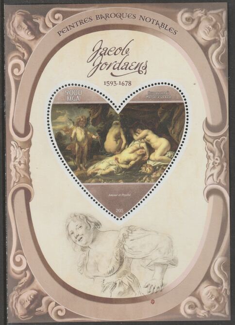 Madagascar 2015 Baraque Painters - Jacob Jordaens perf deluxe sheet containing one heart shaped value unmounted mint, stamps on arts, stamps on paintings, stamps on baroque, stamps on jordaens, stamps on heart, stamps on shaped