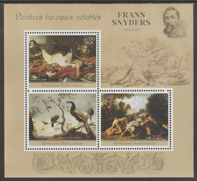 Madagascar 2015 Baraque Painters - Frans Snyders perf sheetlet containing 3 values unmounted mint, stamps on arts, stamps on paintings, stamps on baroque, stamps on snyders