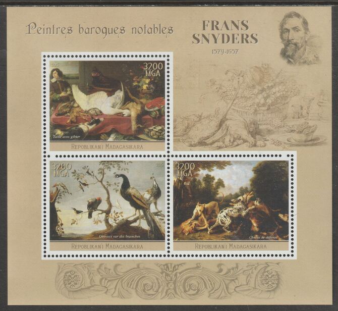 Madagascar 2015 Baraque Painters - Frans Snyders perf sheetlet containing 3 values unmounted mint, stamps on , stamps on  stamps on arts, stamps on  stamps on paintings, stamps on  stamps on baroque, stamps on  stamps on snyders