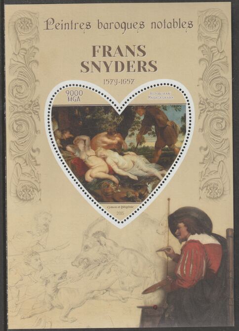Madagascar 2015 Baraque Painters - Frans Snyders perf deluxe sheet containing one heart shaped value unmounted mint, stamps on arts, stamps on paintings, stamps on baroque, stamps on snyders, stamps on heart, stamps on shaped