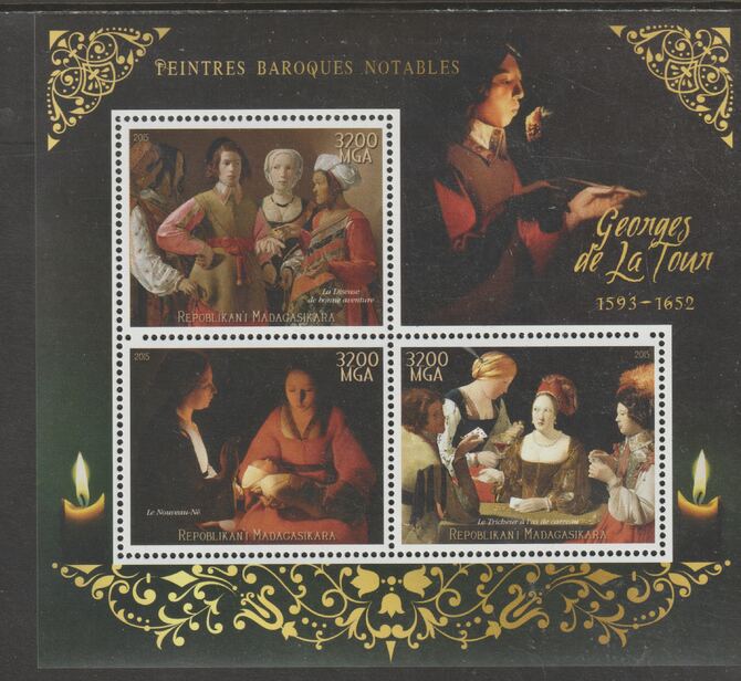 Madagascar 2015 Baraque Painters - Georges de la Tour perf sheetlet containing 3 values unmounted mint, stamps on arts, stamps on paintings, stamps on baroque, stamps on tour