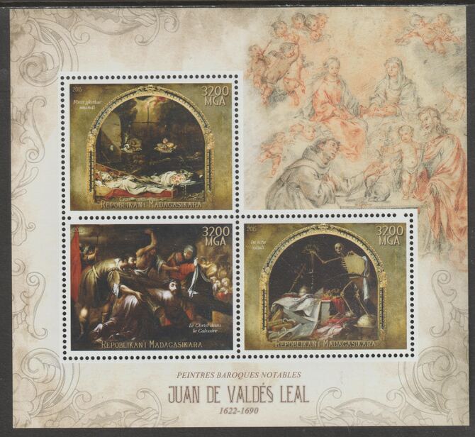 Madagascar 2015 Baraque Painters - Juan de Valdes Leal perf sheetlet containing 3 values unmounted mint, stamps on arts, stamps on paintings, stamps on baroque, stamps on leal