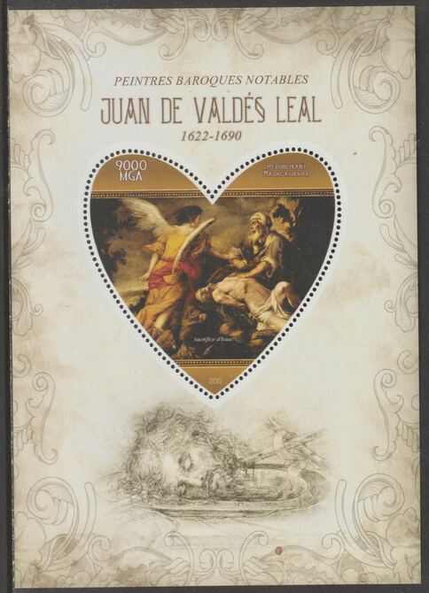 Madagascar 2015 Baraque Painters - Juan de Valdes Leal perf deluxe sheet containing one heart shaped value unmounted mint, stamps on arts, stamps on paintings, stamps on baroque, stamps on leal, stamps on heart, stamps on shaped