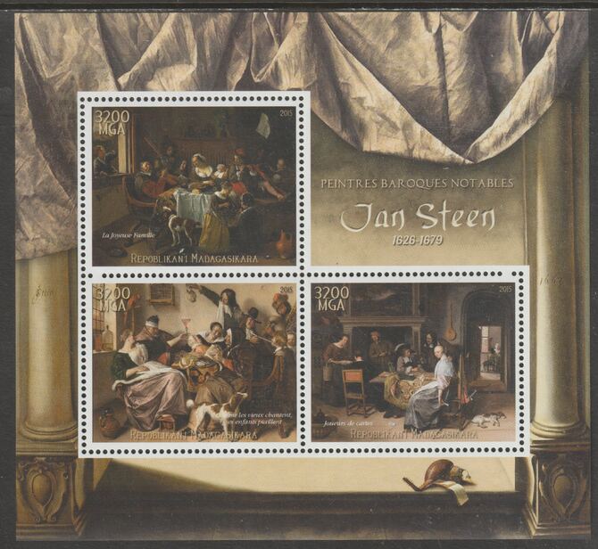 Madagascar 2015 Baraque Painters - Jan Steen perf sheetlet containing 3 values unmounted mint, stamps on arts, stamps on paintings, stamps on baroque, stamps on leal