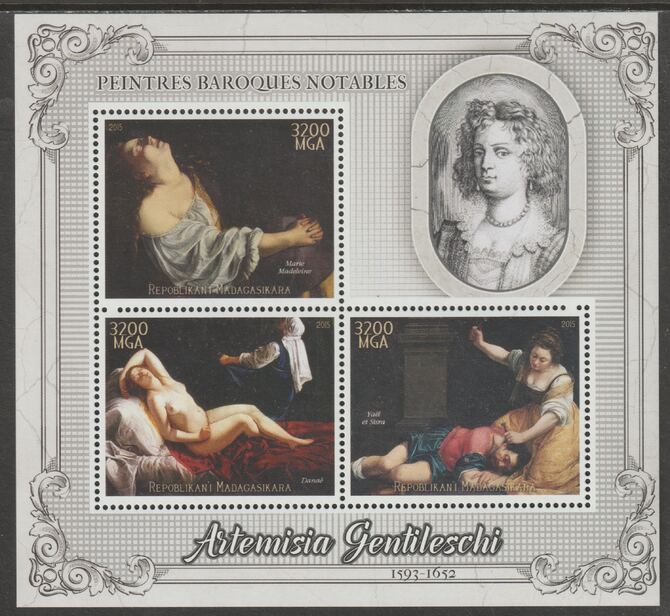 Madagascar 2015 Baraque Painters - Artemisia Gentileschi perf sheetlet containing 3 values unmounted mint, stamps on arts, stamps on paintings, stamps on baroque, stamps on gentileschi