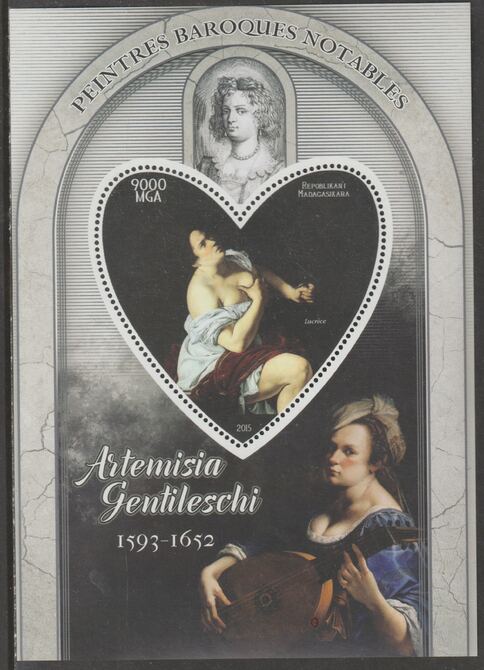 Madagascar 2015 Baraque Painters - Artemisia Gentileschi perf deluxe sheet containing one heart shaped value unmounted mint, stamps on arts, stamps on paintings, stamps on baroque, stamps on gentileschi, stamps on heart, stamps on shaped