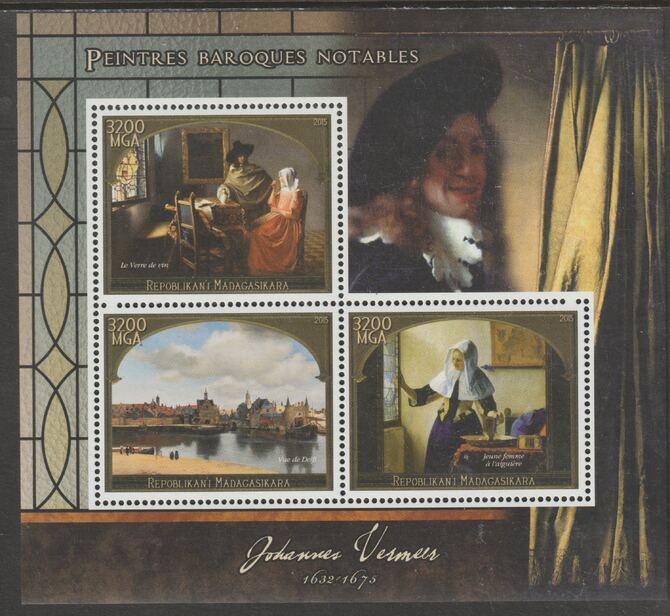 Madagascar 2015 Baraque Painters - Johannes Vermeer perf sheetlet containing 3 values unmounted mint, stamps on , stamps on  stamps on arts, stamps on  stamps on paintings, stamps on  stamps on baroque, stamps on  stamps on vermeer
