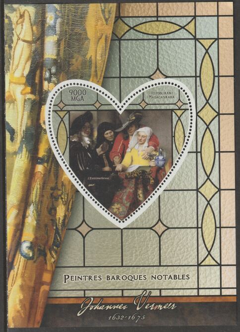 Madagascar 2015 Baraque Painters - Johannes Vermeer perf deluxe sheet containing one heart shaped value unmounted mint, stamps on arts, stamps on paintings, stamps on baroque, stamps on vermeer, stamps on heart, stamps on shaped