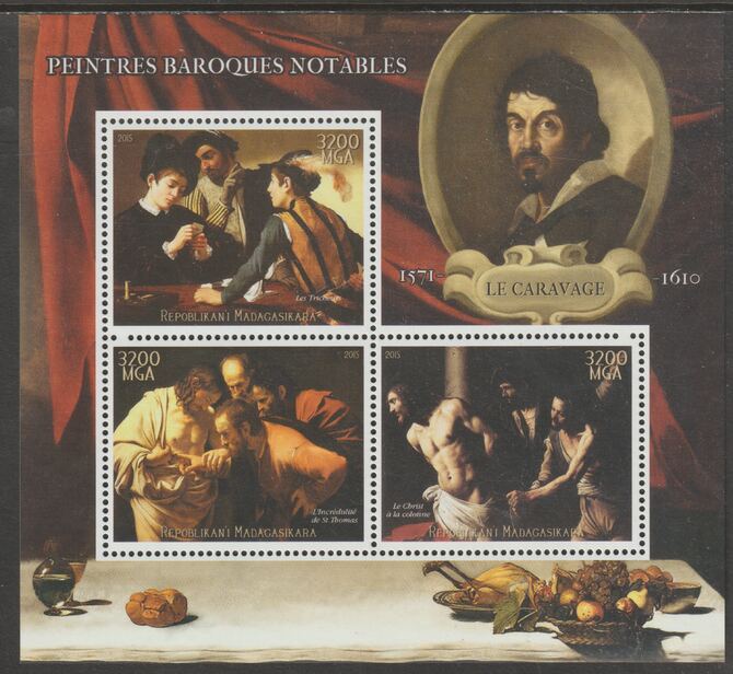 Madagascar 2015 Baraque Painters - Caravagio perf sheetlet containing 3 values unmounted mint, stamps on arts, stamps on paintings, stamps on baroque, stamps on caravagio