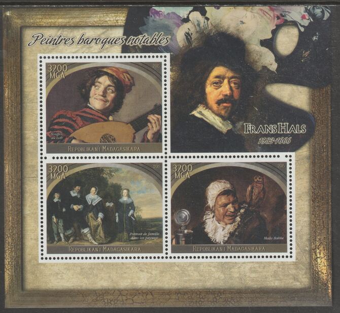Madagascar 2015 Baraque Painters - Frans Hals perf sheetlet containing 3 values unmounted mint, stamps on arts, stamps on paintings, stamps on baroque, stamps on hals