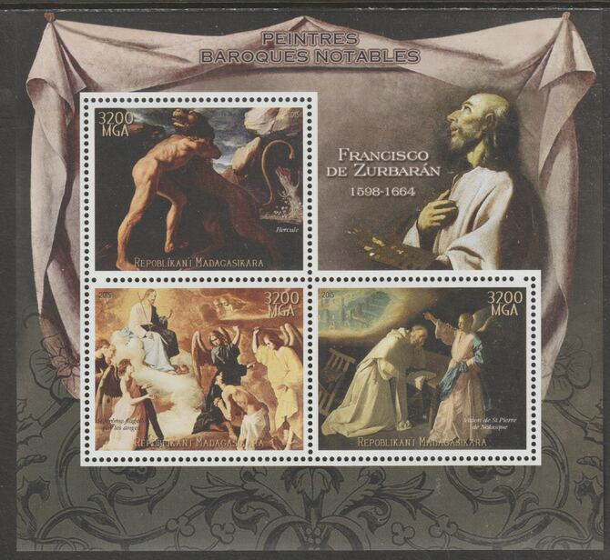 Madagascar 2015 Baraque Painters - Francisco de Zurbaran perf sheetlet containing 3 values unmounted mint, stamps on arts, stamps on paintings, stamps on baroque, stamps on zurbaran