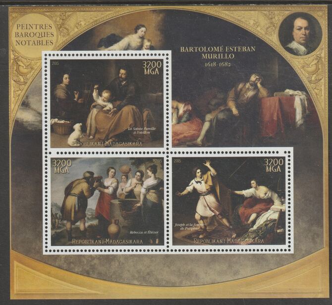 Madagascar 2015 Baraque Painters - Bartoleme Esteban Murillo perf sheetlet containing 3 values unmounted mint, stamps on arts, stamps on paintings, stamps on baroque, stamps on murillo