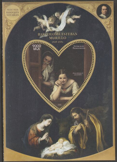 Madagascar 2015 Baraque Painters - Bartoleme Esteban Murillo perf deluxe sheet containing one heart shaped value unmounted mint, stamps on arts, stamps on paintings, stamps on baroque, stamps on murillo, stamps on heart, stamps on shaped