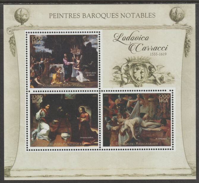 Madagascar 2015 Baraque Painters - Ludovico Carracci perf sheetlet containing 3 values unmounted mint, stamps on arts, stamps on paintings, stamps on baroque, stamps on carracci