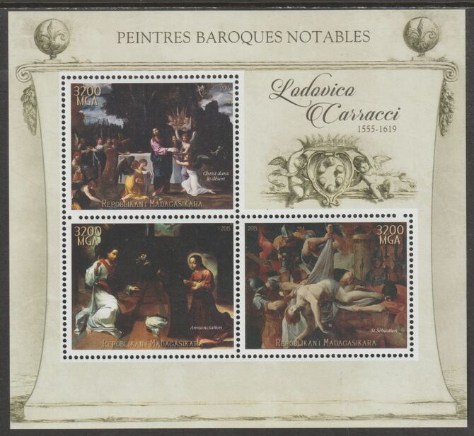 Madagascar 2015 Baraque Painters - Ludovico Carracci perf sheetlet containing 3 values unmounted mint, stamps on , stamps on  stamps on arts, stamps on  stamps on paintings, stamps on  stamps on baroque, stamps on  stamps on carracci