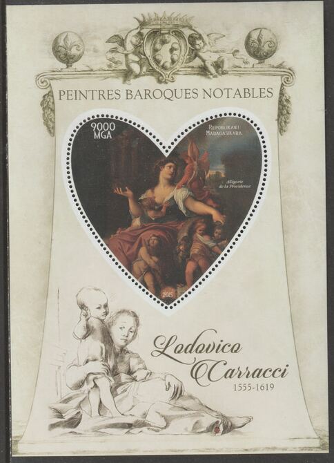 Madagascar 2015 Baraque Painters - Ludovico Carracci perf deluxe sheet containing one heart shaped value unmounted mint, stamps on arts, stamps on paintings, stamps on baroque, stamps on carracci, stamps on heart, stamps on shaped