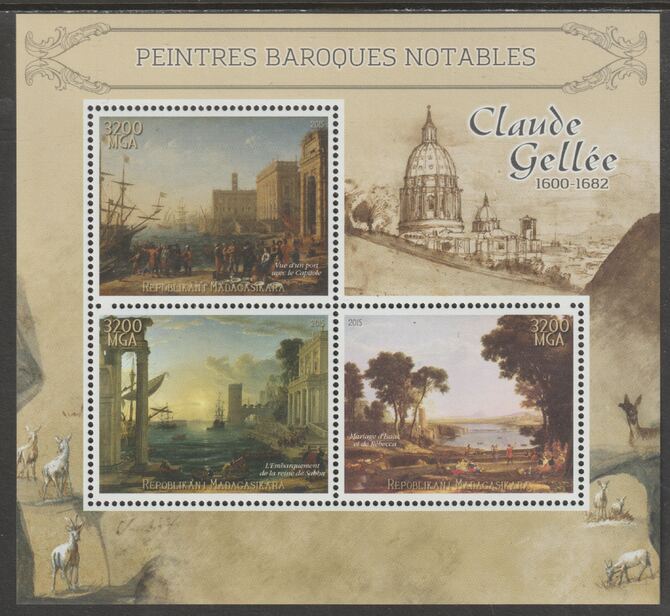 Madagascar 2015 Baraque Painters - Claude Lorrain perf sheetlet containing 3 values unmounted mint, stamps on arts, stamps on paintings, stamps on baroque, stamps on lorrain