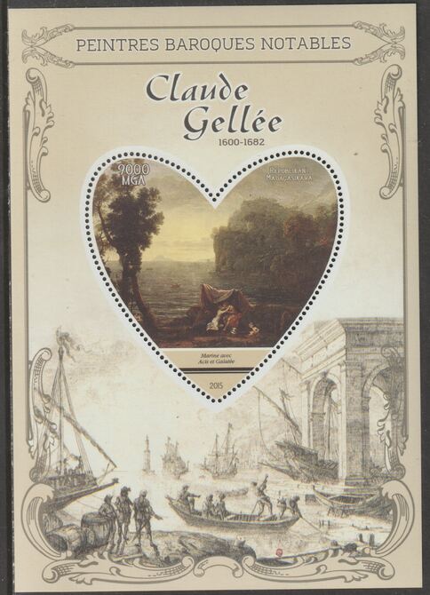 Madagascar 2015 Baraque Painters - Claude Lorrain perf deluxe sheet containing one heart shaped value unmounted mint, stamps on arts, stamps on paintings, stamps on baroque, stamps on lorrain, stamps on heart, stamps on shaped