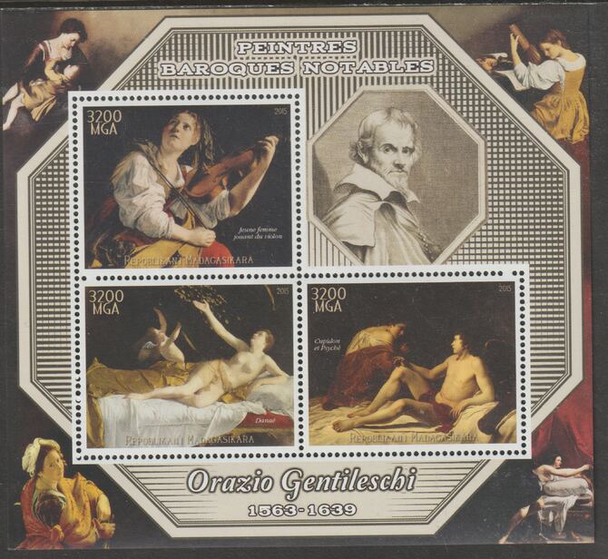 Madagascar 2015 Baraque Painters - Orazio Gentileschi perf sheetlet containing 3 values unmounted mint, stamps on arts, stamps on paintings, stamps on baroque, stamps on gentileschi