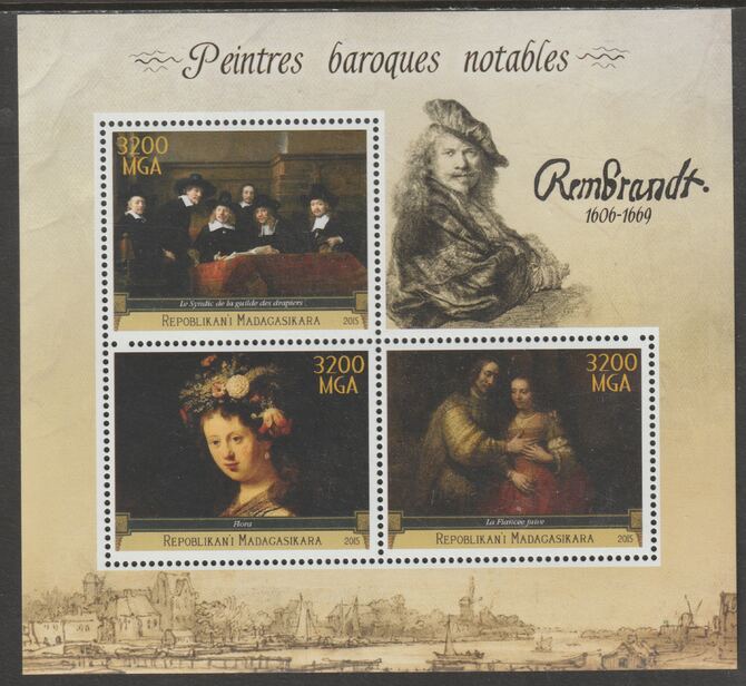 Madagascar 2015 Baraque Painters - Rembrandt perf sheetlet containing 3 values unmounted mint, stamps on , stamps on  stamps on arts, stamps on  stamps on paintings, stamps on  stamps on baroque, stamps on  stamps on rembrandt