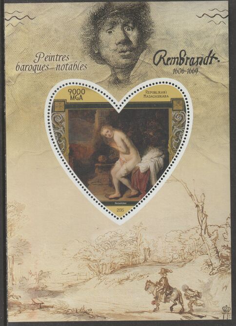 Madagascar 2015 Baraque Painters - Rembrandt perf deluxe sheet containing one heart shaped value unmounted mint, stamps on arts, stamps on paintings, stamps on baroque, stamps on rembrandt, stamps on heart, stamps on shaped