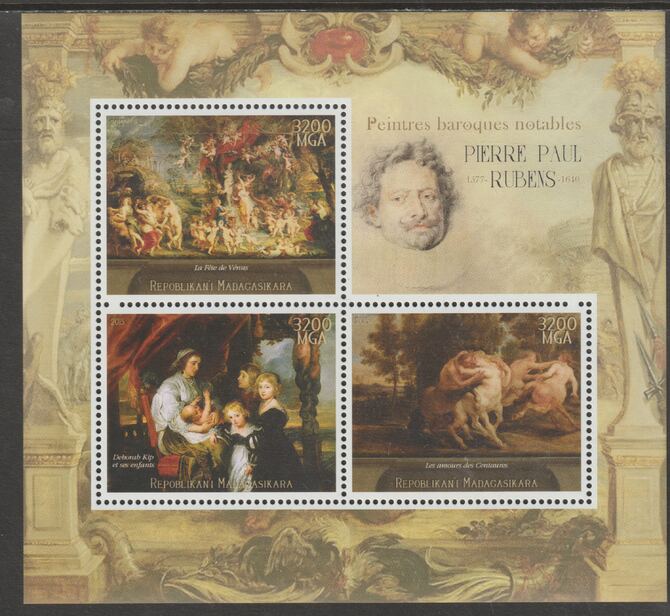 Madagascar 2015 Baraque Painters - Peter Paul Rubens perf sheetlet containing 3 values unmounted mint, stamps on arts, stamps on paintings, stamps on baroque, stamps on rubens