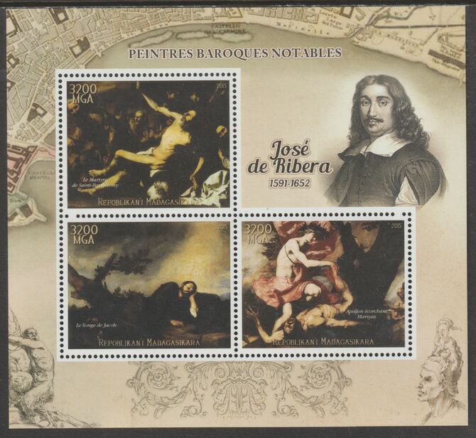 Madagascar 2015 Baraque Painters - Jose de Ribera perf sheetlet containing 3 values unmounted mint, stamps on arts, stamps on paintings, stamps on baroque, stamps on ribera