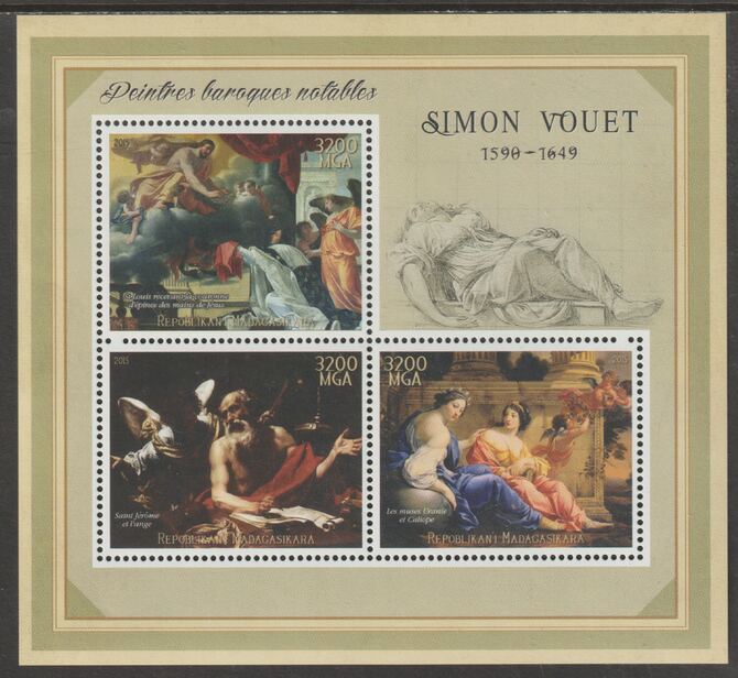 Madagascar 2015 Baraque Painters - Simon Vouet perf sheetlet containing 3 values unmounted mint, stamps on arts, stamps on paintings, stamps on baroque, stamps on vouet