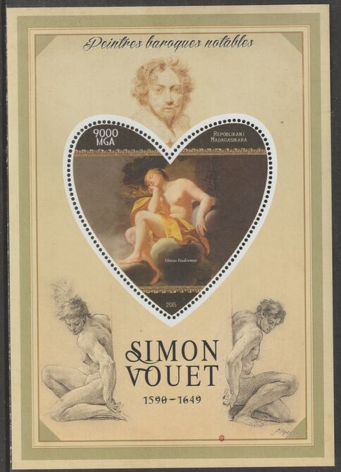 Madagascar 2015 Baraque Painters - Simon Vouet perf deluxe sheet containing one heart shaped value unmounted mint, stamps on arts, stamps on paintings, stamps on baroque, stamps on vouet, stamps on heart, stamps on shaped