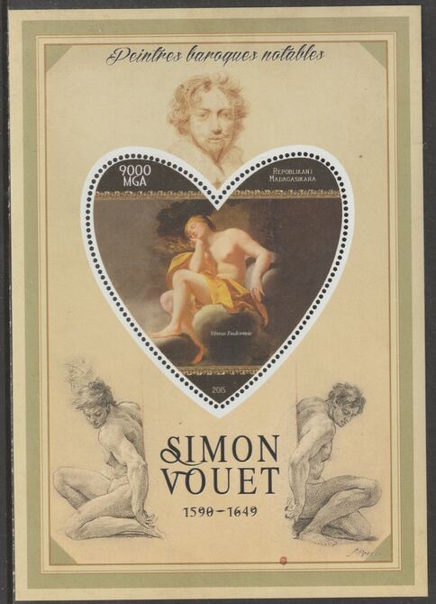 Madagascar 2015 Baraque Painters - Simon Vouet perf deluxe sheet containing one heart shaped value unmounted mint, stamps on , stamps on  stamps on arts, stamps on  stamps on paintings, stamps on  stamps on baroque, stamps on  stamps on vouet, stamps on  stamps on heart, stamps on  stamps on shaped