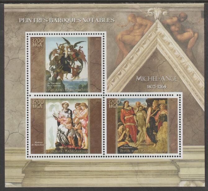 Madagascar 2015 Baraque Painters - Michelangelo perf sheetlet containing 3 values unmounted mint, stamps on arts, stamps on paintings, stamps on baroque, stamps on michelangelo