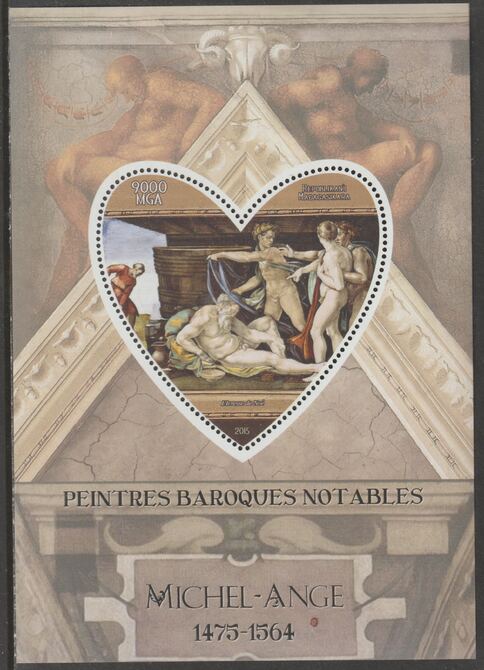 Madagascar 2015 Baraque Painters - Michelangelo perf deluxe sheet containing one heart shaped value unmounted mint, stamps on arts, stamps on paintings, stamps on baroque, stamps on michelangelo, stamps on heart, stamps on shaped