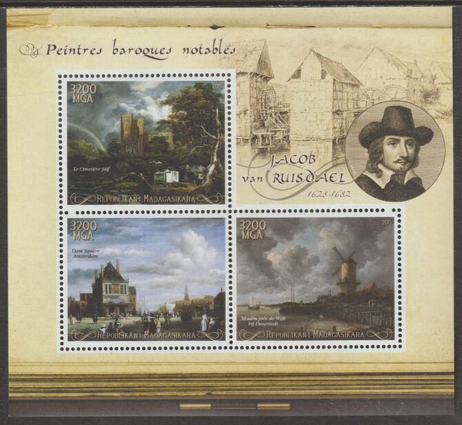 Madagascar 2015 Baraque Painters - Jacob van Ruisdael perf sheetlet containing 3 values unmounted mint, stamps on arts, stamps on paintings, stamps on baroque, stamps on ruisdael
