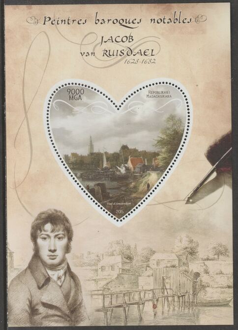 Madagascar 2015 Baraque Painters - Jacob van Ruisdael perf deluxe sheet containing one heart shaped value unmounted mint, stamps on , stamps on  stamps on arts, stamps on  stamps on paintings, stamps on  stamps on baroque, stamps on  stamps on ruisdael, stamps on  stamps on heart, stamps on  stamps on shaped