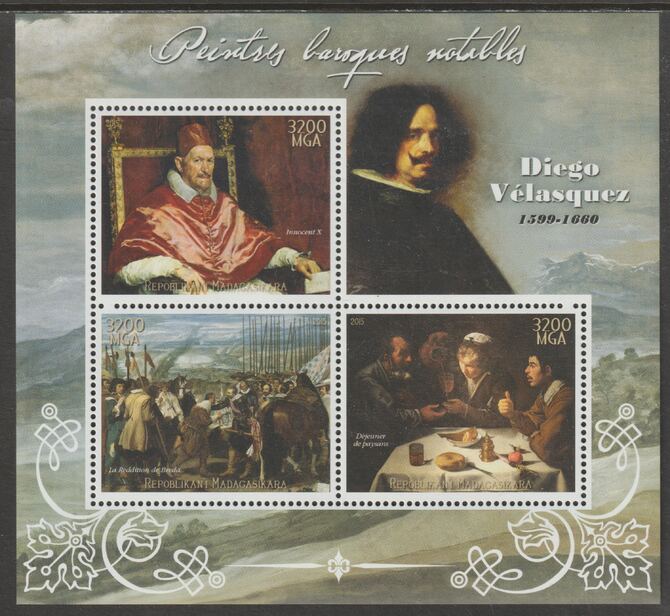 Madagascar 2015 Baraque Painters - Diego Velazquez perf sheetlet containing 3 values unmounted mint, stamps on arts, stamps on paintings, stamps on baroque, stamps on velazquez