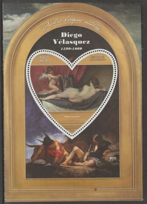 Madagascar 2015 Baraque Painters - Diego Velazquez perf deluxe sheet containing one heart shaped value unmounted mint, stamps on , stamps on  stamps on arts, stamps on  stamps on paintings, stamps on  stamps on baroque, stamps on  stamps on velazquez, stamps on  stamps on heart, stamps on  stamps on shaped
