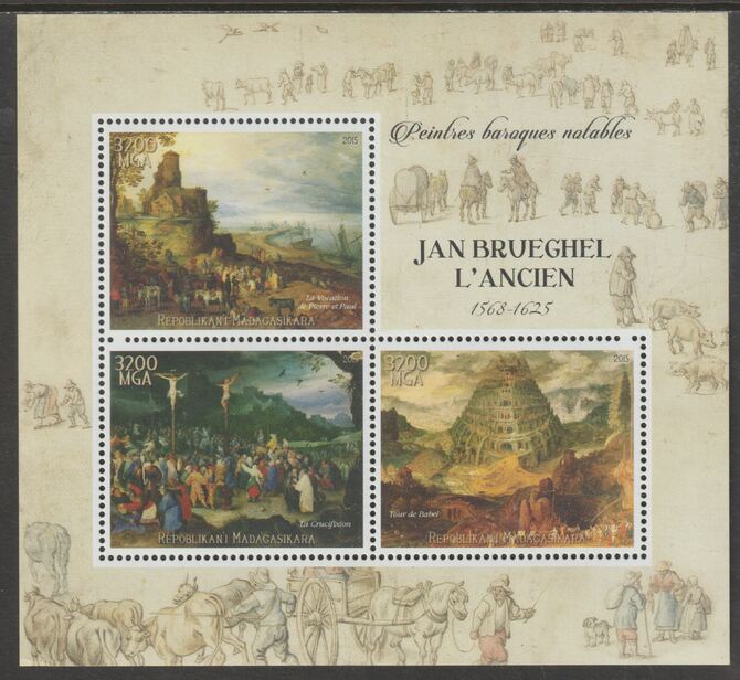 Madagascar 2015 Baraque Painters - Jan Brueghel the Elder perf sheetlet containing 3 values unmounted mint, stamps on arts, stamps on paintings, stamps on baroque, stamps on brueghel