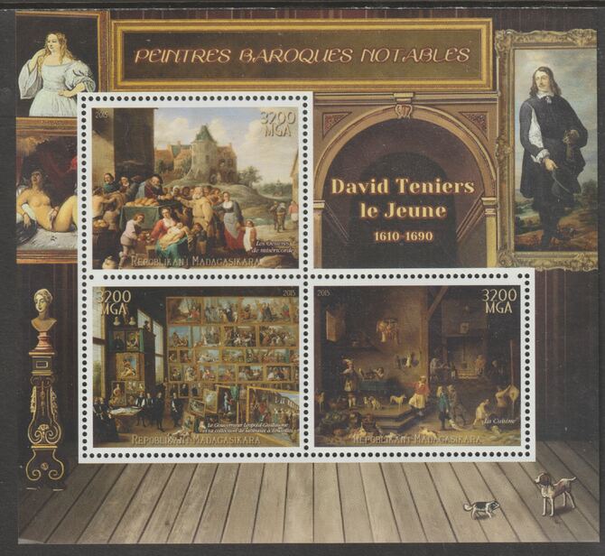 Madagascar 2015 Baraque Painters - David Teniers the Younger perf sheetlet containing 3 values unmounted mint, stamps on arts, stamps on paintings, stamps on baroque, stamps on teniers