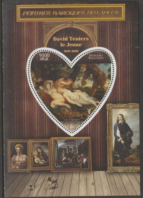 Madagascar 2015 Baraque Painters - David Teniers the Younger perf deluxe sheet containing one heart shaped value unmounted mint, stamps on arts, stamps on paintings, stamps on baroque, stamps on teniers, stamps on heart, stamps on shaped