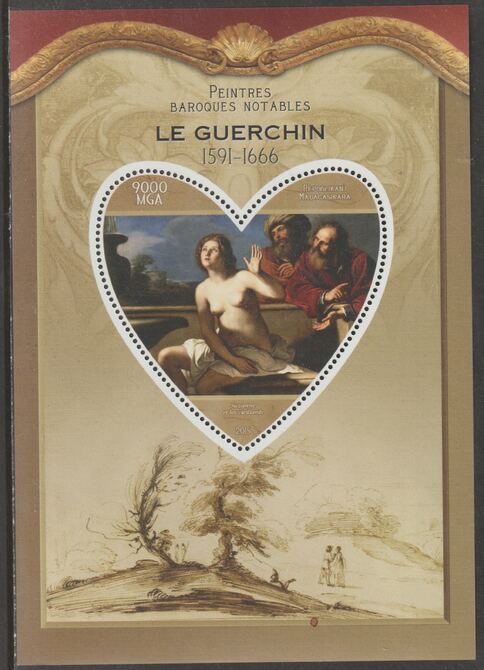 Madagascar 2015 Baraque Painters - Guercino perf deluxe sheet containing one heart shaped value unmounted mint, stamps on , stamps on  stamps on arts, stamps on  stamps on paintings, stamps on  stamps on baroque, stamps on  stamps on guercino, stamps on  stamps on heart, stamps on  stamps on shaped