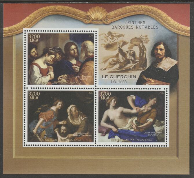 Madagascar 2015 Baraque Painters - Guercino perf sheetlet containing 3 values unmounted mint, stamps on arts, stamps on paintings, stamps on baroque, stamps on guercino
