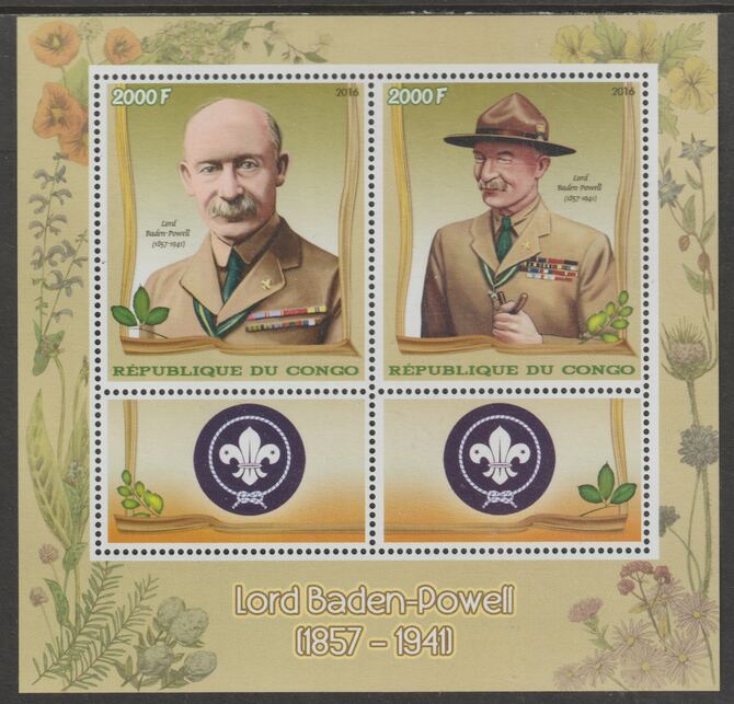 Congo 2016 Lord Baden Powell perf sheetlet containing 2 values & 2 labels unmounted mint, stamps on scouts, stamps on personalities, stamps on powell
