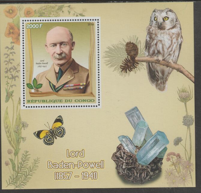 Congo 2016 Lord Baden Powell perf m/sheetlet #1 containing one value unmounted mint, stamps on , stamps on  stamps on scouts, stamps on  stamps on personalities, stamps on  stamps on powell, stamps on  stamps on owls, stamps on  stamps on butterflies, stamps on  stamps on minerals