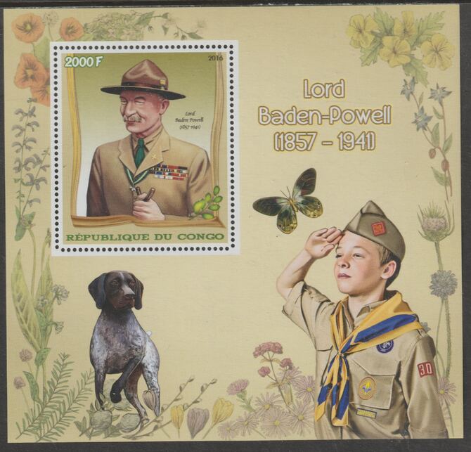 Congo 2016 Lord Baden Powell perf m/sheetlet #2 containing one value unmounted mint, stamps on scouts, stamps on personalities, stamps on powell, stamps on dogs, stamps on butterflies, stamps on 