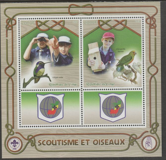 Congo 2015 Scouts & Birds perf sheetlet containing 2 values & 2 labels unmounted mint, stamps on scouts, stamps on birds
